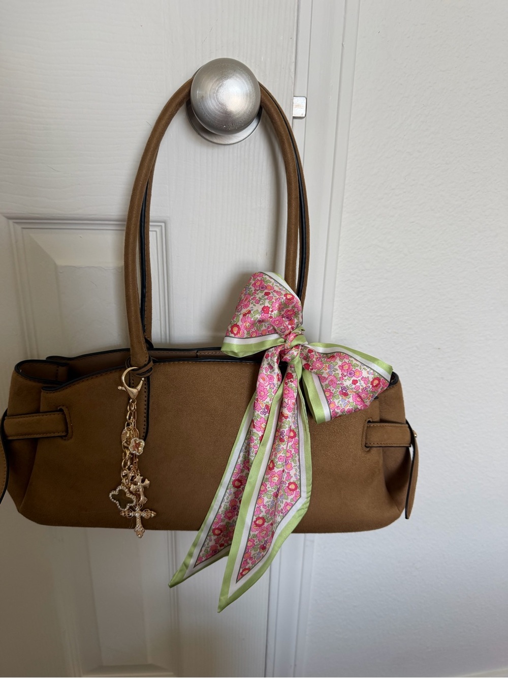 H&M Tan Shoulder Bag with Pink Floral Bow Accent